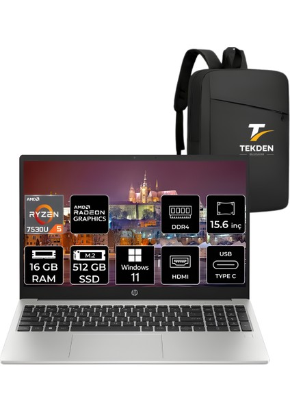 255 G10 Amd Ryzen 5 7530U 16GB 512GB SSD 15.6'' Fhd W11P Taşınabilir Bilgisayar 8A547EA & Tekdençanta