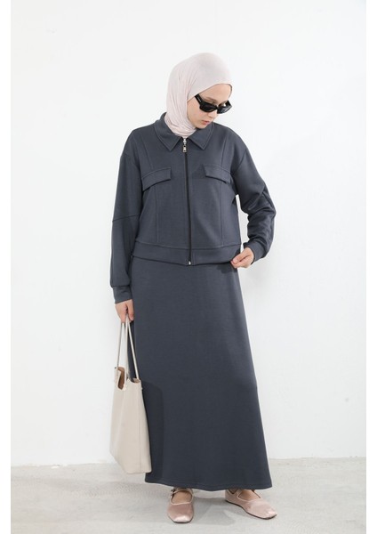 Yakalı Fermuar Detay Jileli Takım-Antrasit