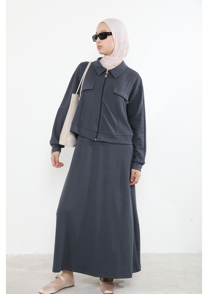 Yakalı Fermuar Detay Jileli Takım-Antrasit modelleri