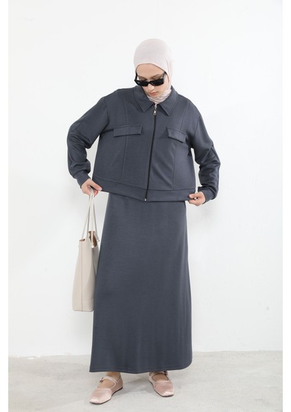 Yakalı Fermuar Detay Jileli Takım-Antrasit indirimleri