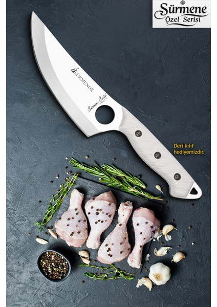 Sürmene Serisi Sivri Mutfak Şef Bıçağı Bıçak Kamp Bıçağı Deri Kılıflı Beyaz Verzalit Sap HDS-154