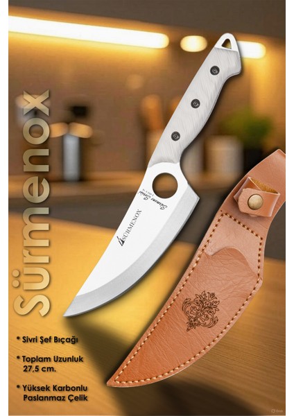 Sürmene Serisi Sivri Mutfak Şef Bıçağı Bıçak Kamp Bıçağı Deri Kılıflı Beyaz Verzalit Sap HDS-154 fiyatları