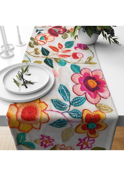 Dijital Baskılı Runner - Nakış Görünümlü Çiçek Desenli - 140X40 cm