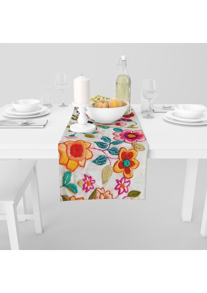 Dijital Baskılı Runner - Nakış Görünümlü Çiçek Desenli - 140X40 cm fiyatları