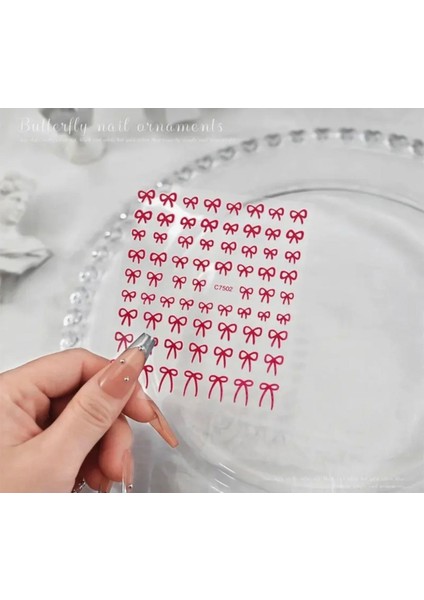 Kırmızı Fiyonk Tırnak Süsleme Stickerı Nail Art Süslemeleri