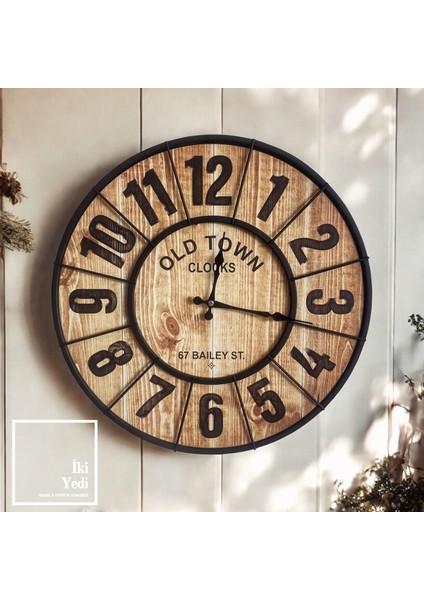 Bailey 52 cm Metal Rustik Duvar Saati, Ahşap Görünümlü Old Town Büyük Dekoratif Saat