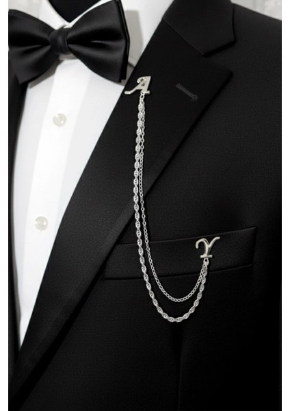 Kişiye Özel Çift Harfli Zincirli Yaka Iğnesi Ceket & Damatlık & Blazer