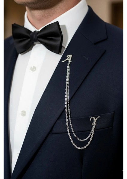 Kişiye Özel Çift Harfli Zincirli Yaka Iğnesi Ceket & Damatlık & Blazer modelleri