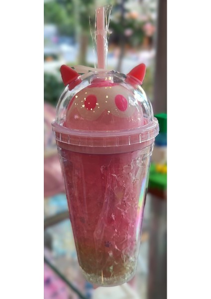 Dondurma Külahı Figürlü Süslü Kapaklı Pipetli Plastik Bardak 470ML AD15995