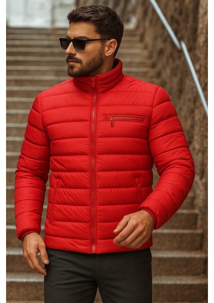 Erkek Kışlık Basic Dik Yaka Fermuarlı Kırmızı Şişme Mont