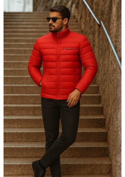 Erkek Kışlık Basic Dik Yaka Fermuarlı Kırmızı Şişme Mont modelleri