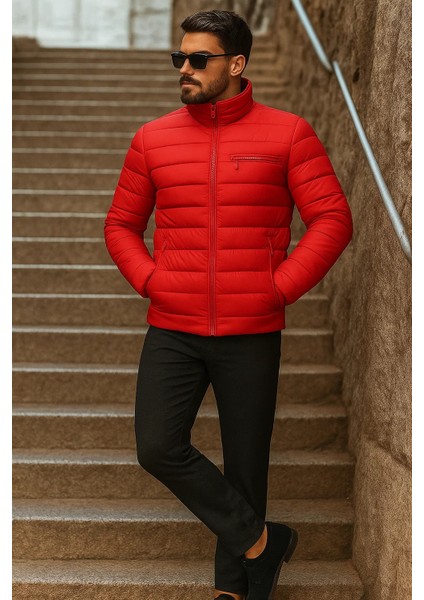 Erkek Kışlık Basic Dik Yaka Fermuarlı Kırmızı Şişme Mont fırsatları