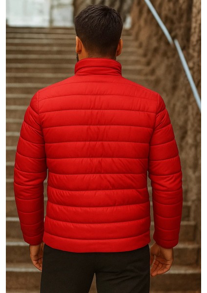 Erkek Kışlık Basic Dik Yaka Fermuarlı Kırmızı Şişme Mont