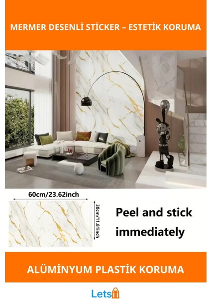 Vinil Beyaz Mermer Desenli Su Geçirmez Alüminyum Plastik Duvar Sticker