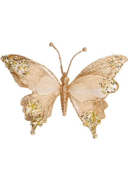 Kelebek Figürü, Simli, Şampanya - Beyaz Inci Detaylı, Kıskaçlı, 24X9