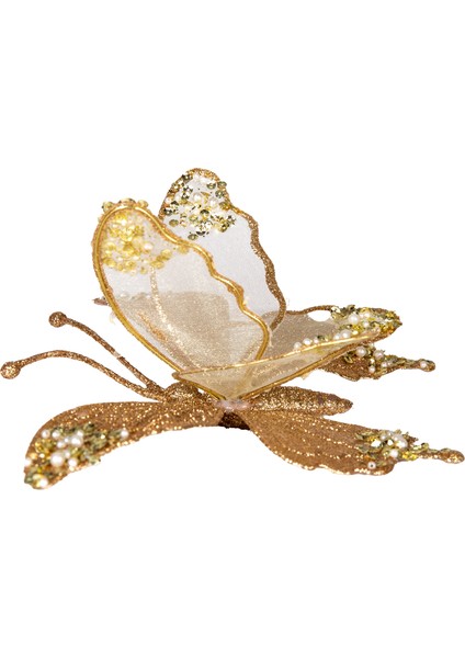 Kelebek Figürü, Simli, Şampanya - Beyaz Inci Detaylı, Kıskaçlı, 24X9 modelleri