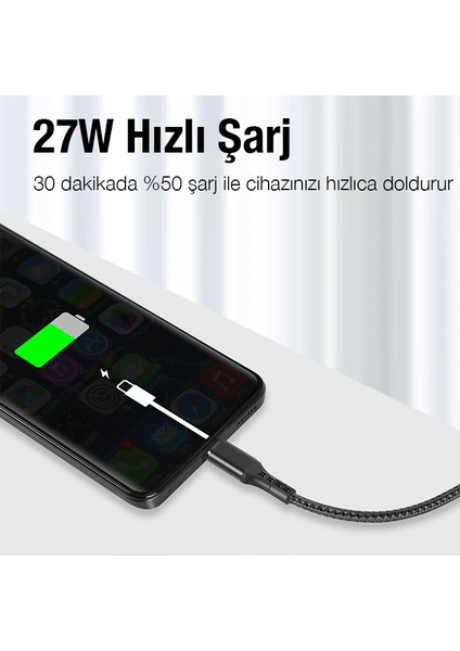 Ally 1mt 27W Type-C To iPhone Lightning Süper Hızlı Data ve Şarj Kablosu Akım V - ?35?77E8-4G7 modelleri
