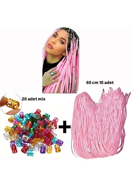 Saç Ipi Pembe Saç Örgüsü 10 Adet + Saç Halkası-Saç Küpesi 20 Adet Saç Aksesuarı Postiş