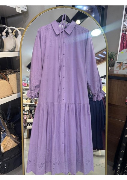 006 Gömlek Yaka Kol Ucu Lastikli Sulu Fisto Elbise