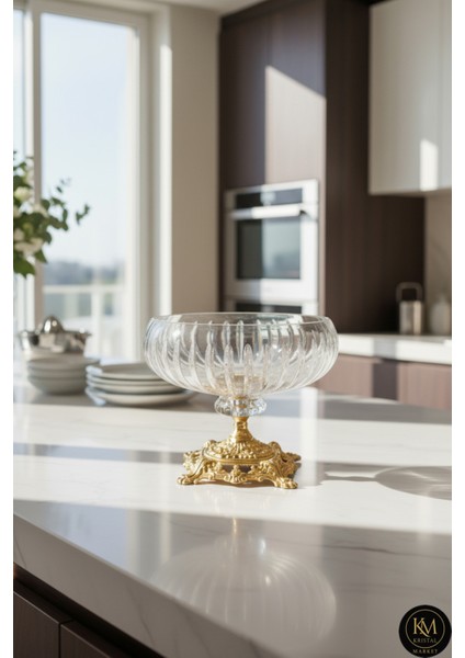 18 cm Kesme Kristal Dekor Gold Ayak Cam Kase Vertical Desen