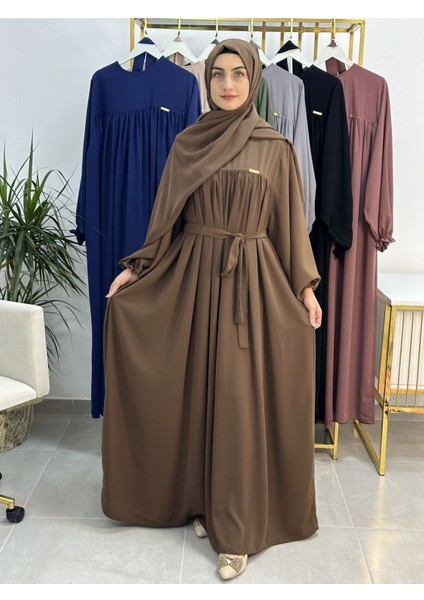 Şallı ve Üsten Robalı,kemerli Elbise Takım .hijap ,abaya (Hac ve Umre Için Uygundur) Kahve