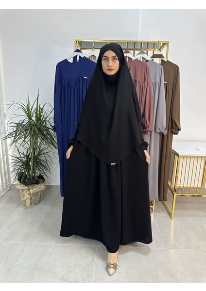 Ferace & Abaya Sufle Esarp ve Üsten Robalı Kemerli Elbise Takım .hac ve Umre Için Uygundur Siyah