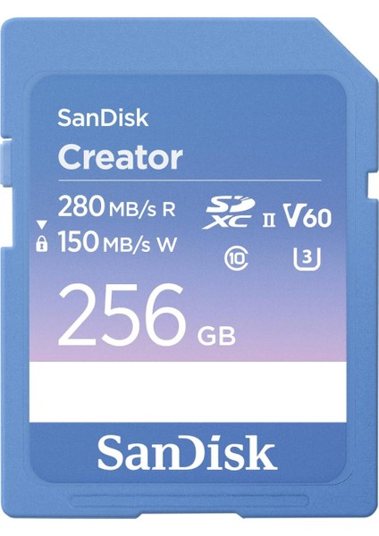 Creator Sdxc Uhs-Iı 256 GB Bellek Kartı, V60, 6k & 4K Uhd, Okuma Hızı, 280 Mb/s&apos;ye Kadar, Su ve Toza Dayanıklı, Rescuepro Deluxe, 10, U3, V60