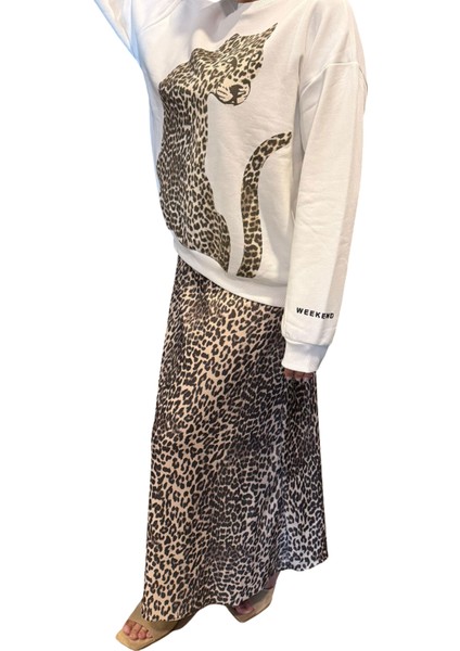 Kahverengi Leopar Desenli Dar Kalıp Yüksek Bel A Kesim Etek