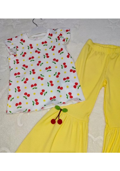 Litaetrend 1-2-3-4 Yaş Kiraz Baskılı Tişört Ispanyol Paçalı Likralı 2li Kız Çocuk Takımı Sarı fiyatları
