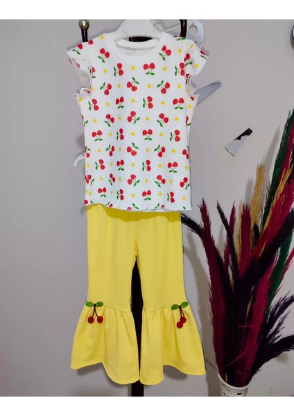 Litaetrend 1-2-3-4 Yaş Kiraz Baskılı Tişört Ispanyol Paçalı Likralı 2li Kız Çocuk Takımı Sarı fırsatları