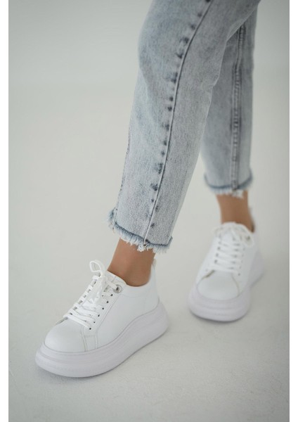 Kiev Kadın Kalın Tabanlı Deri Sneakers Beyaz