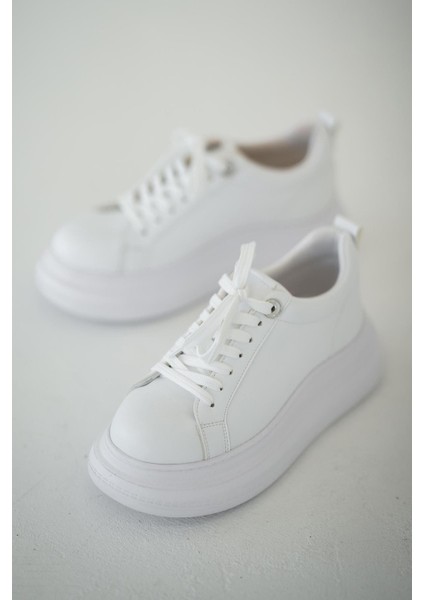 Kiev Kadın Kalın Tabanlı Deri Sneakers Beyaz modelleri