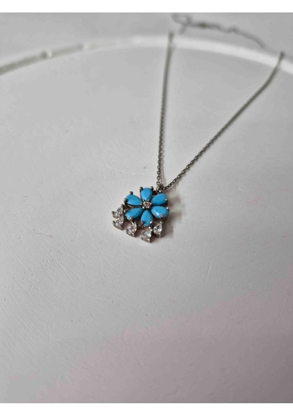 925 Ayar Gümüş Lotus Çiçeği Kolye Mavi Mine Taşlı Zarif Tasarım Lotus Takı