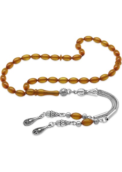 Ateş Kehribar Tesbih - Kararmaz Metal Damla Püsküllü - Bal Rengi - Mini Boy - Arpa Kesim