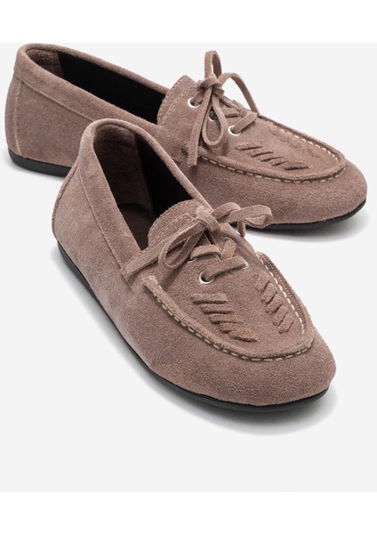 Lorven Vizon Süet Hakiki Deri Bağcıklı Kadın Loafer Ayakkabı