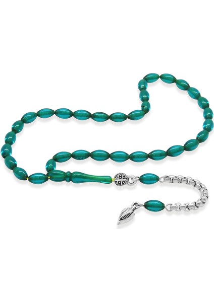 Ateş Kehribar Tesbih - Kararmaz Metal Püsküllü - Mini Boy - Şeffaf Turkuaz - Arpa Kesim