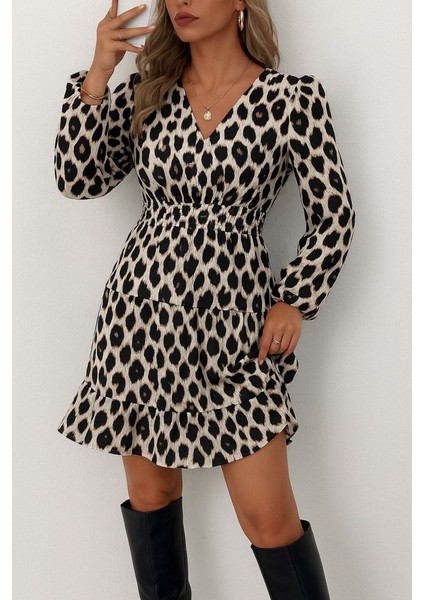 Kadın Uzun Kollu Kruvaze Yaka Desenli Mini Modal Elbise