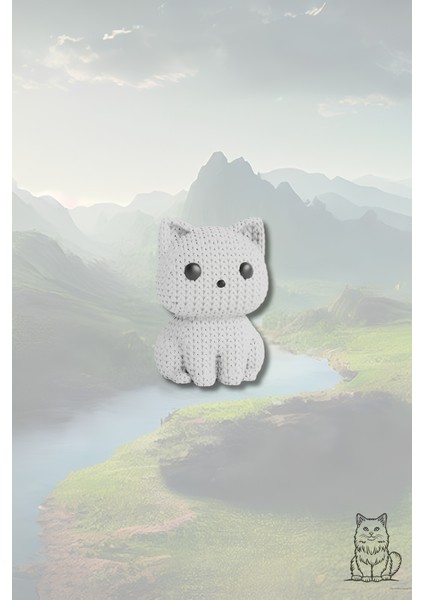 Beyaz Kedi Anahtarlık – Örgü Desenli Sert Figür | Amigurumi Tarzı Hediyelik Aksesuar