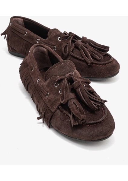 Fenora Kahverengi Süet Saçaklı Püsküllü Kadın Loafer Ayakkabı