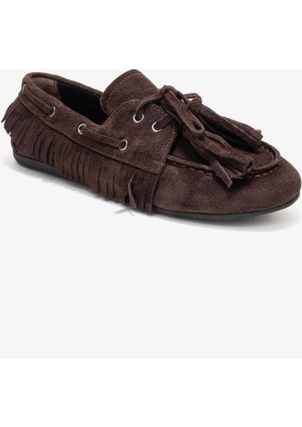 Fenora Kahverengi Süet Saçaklı Püsküllü Kadın Loafer Ayakkabı modelleri