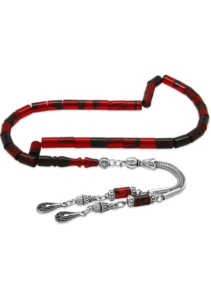 Ateş Kehribar Tesbih - Kararmaz Metal Damla Püsküllü - Kırmızı Siyah - Mini Boy - Kesme Kesim