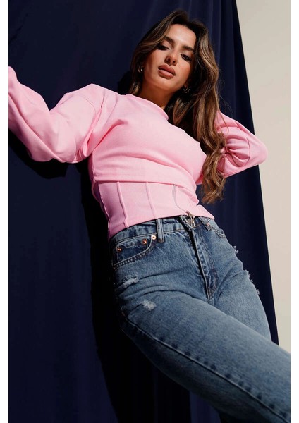 Fitilli Bisiklet Yaka Ikili Bluz Pembe T4341