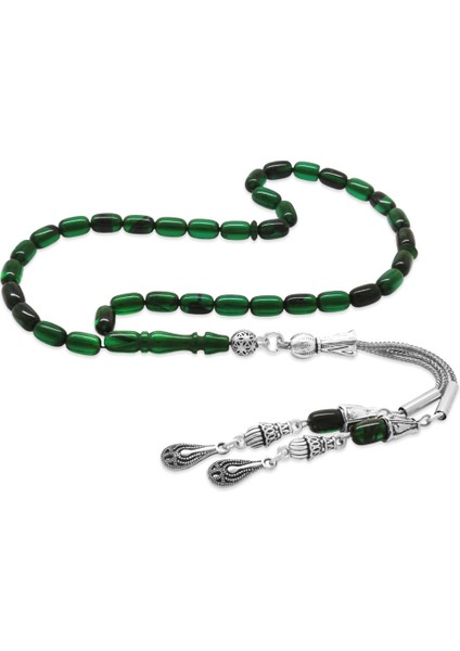 Ateş Kehribar Tesbih - Kararmaz Metal Damla Püsküllü - Yeşil Siyah - Mini Boy - Kapsül Kesim