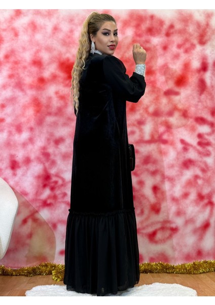 Kadife Elbise Kadın Taş Detaylı Siyah Kadife Kemerli Çan Elbise Yan Cepli Tur Kolu modelleri