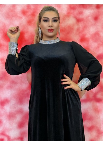 Kadife Elbise Kadın Taş Detaylı Siyah Kadife Kemerli Çan Elbise Yan Cepli Tur Kolu fırsatları