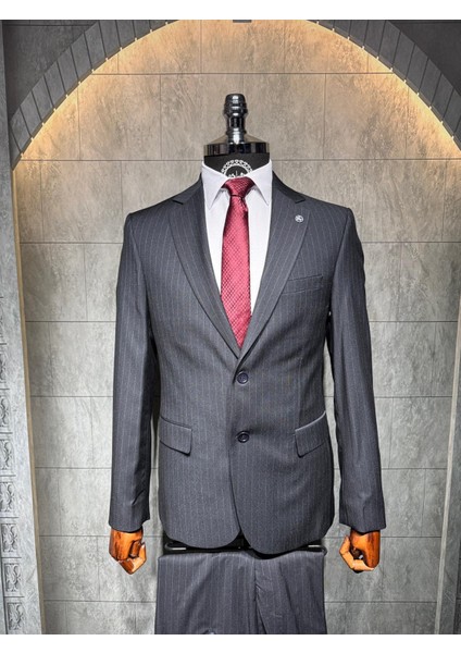 Slim Fit Viscon Çizgili Takım Elbise