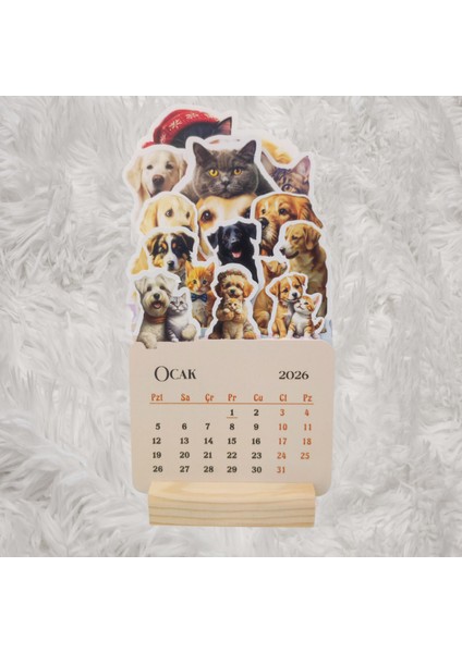 2026 Kedi Köpek Dostluğu Takvimi Ahşap Ayaklı Kedi Köpek Dostluğu Temalı Özel Tasarım Takvim