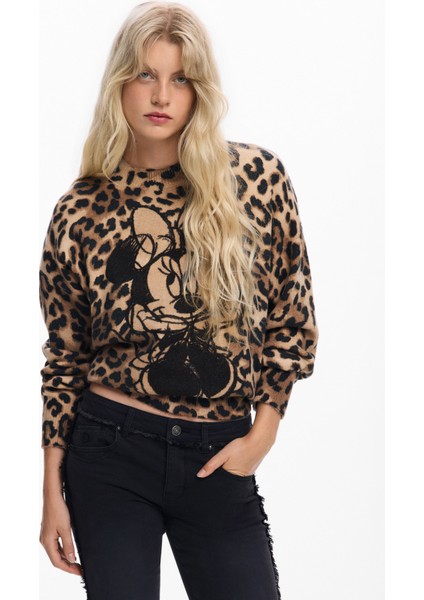 Yuvarlak Yaka Standart Desenli Kahve Kazak Kadın 25WWJF43 fiyatları