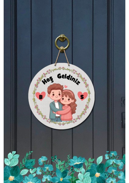 Kapı Süsü Hoş Geldiniz Genç Sevimli Çift Ahşap Baskı Kişiye Özel Tasarım modelleri