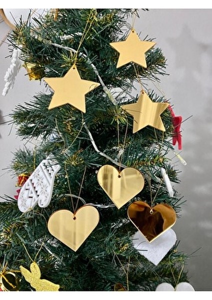 6'lı Gold Pleksi Kalp-Yıldız Yılbaşı Ağacı Süs Seti